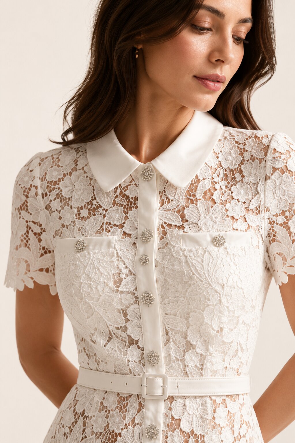SERAPHINA Lace Fitted Midi Dress With Collar