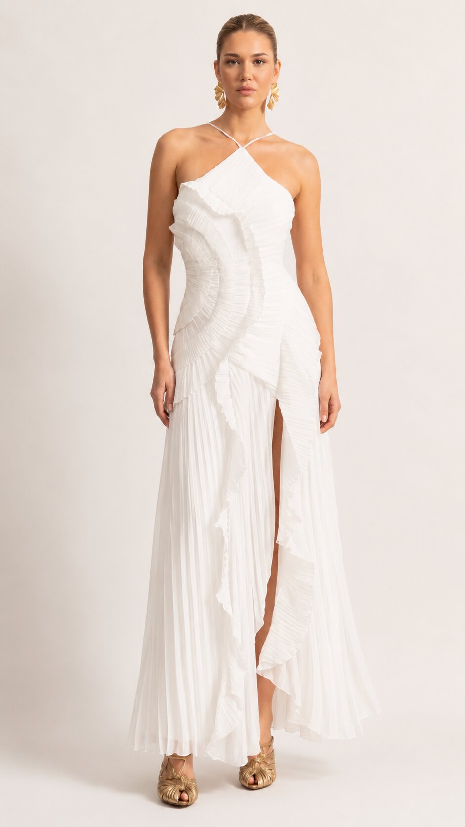 AMARIS Pleated Ruffle Maxi Dress