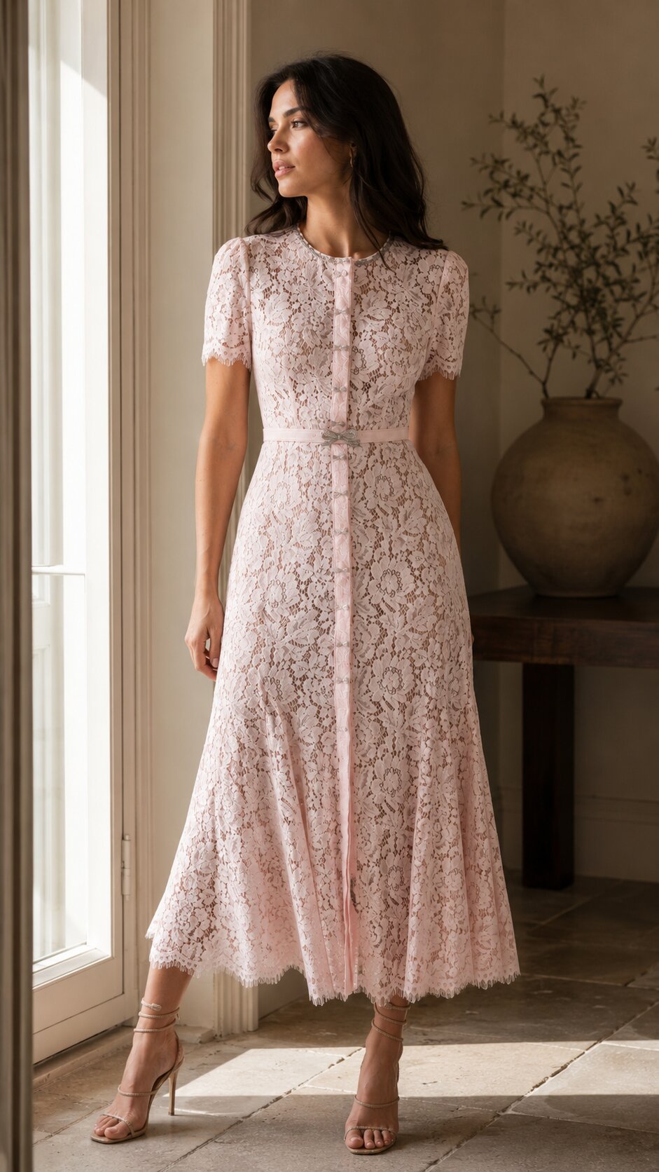 LUCIANA Lace Mermaid Silhouette Midi Dress - Pink