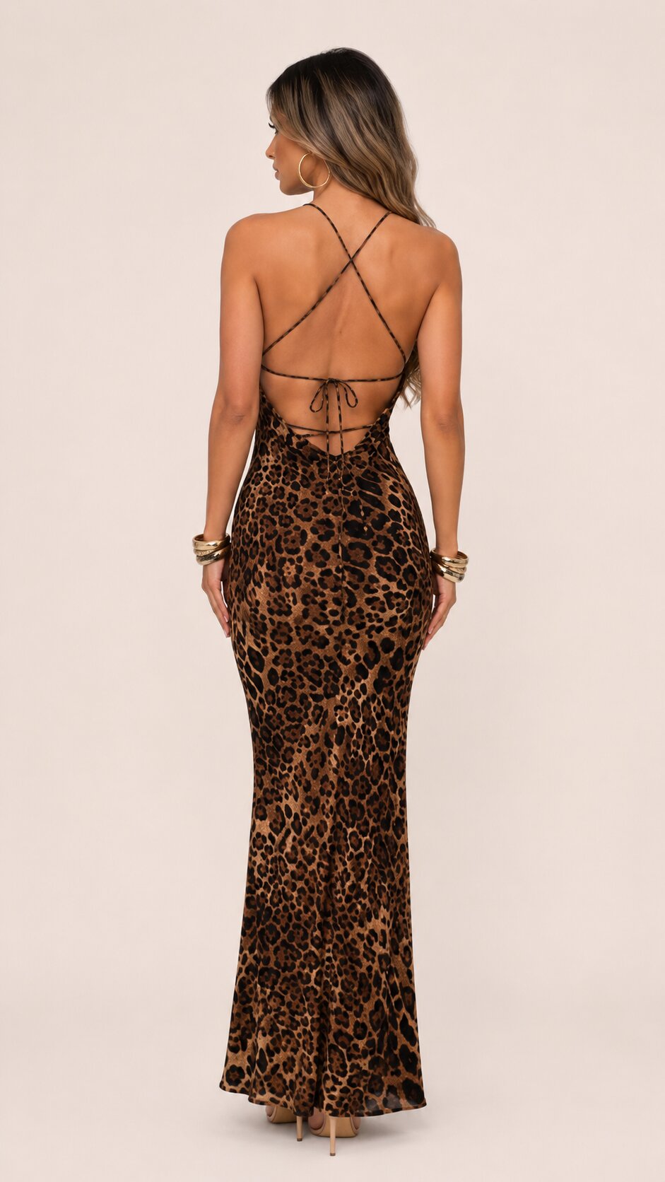 MELANY Leopard Print Spaghetti Maxi Dress