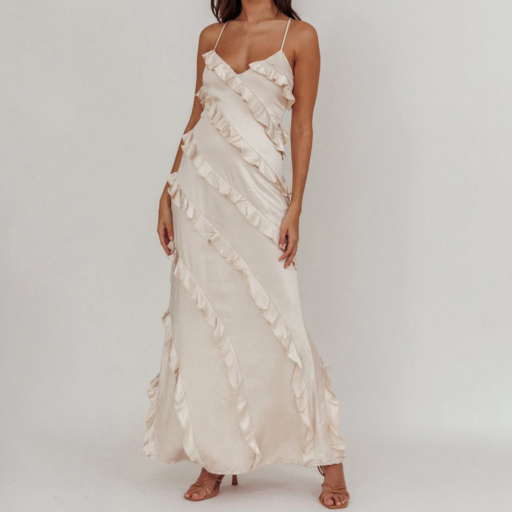 LOLA Ruffle Trim Spaghetti Strap Maxi Dress