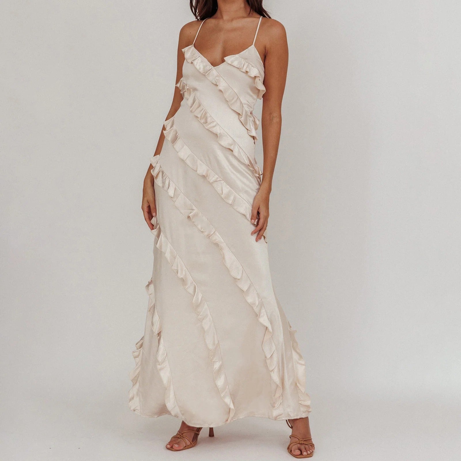 LOLA Ruffle Trim Spaghetti Strap Maxi Dress