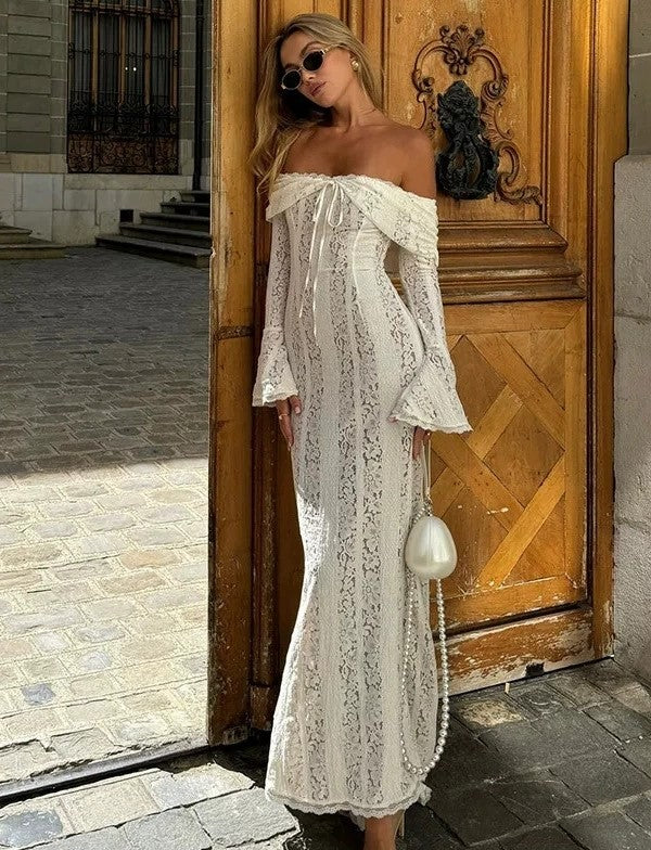 Alexia Lace Maxi Dress with Off-Shoulder Neckline & Sweeping Godet