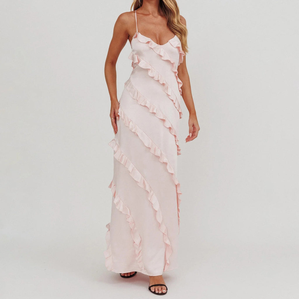 LOLA Ruffle Trim Spaghetti Strap Maxi Dress