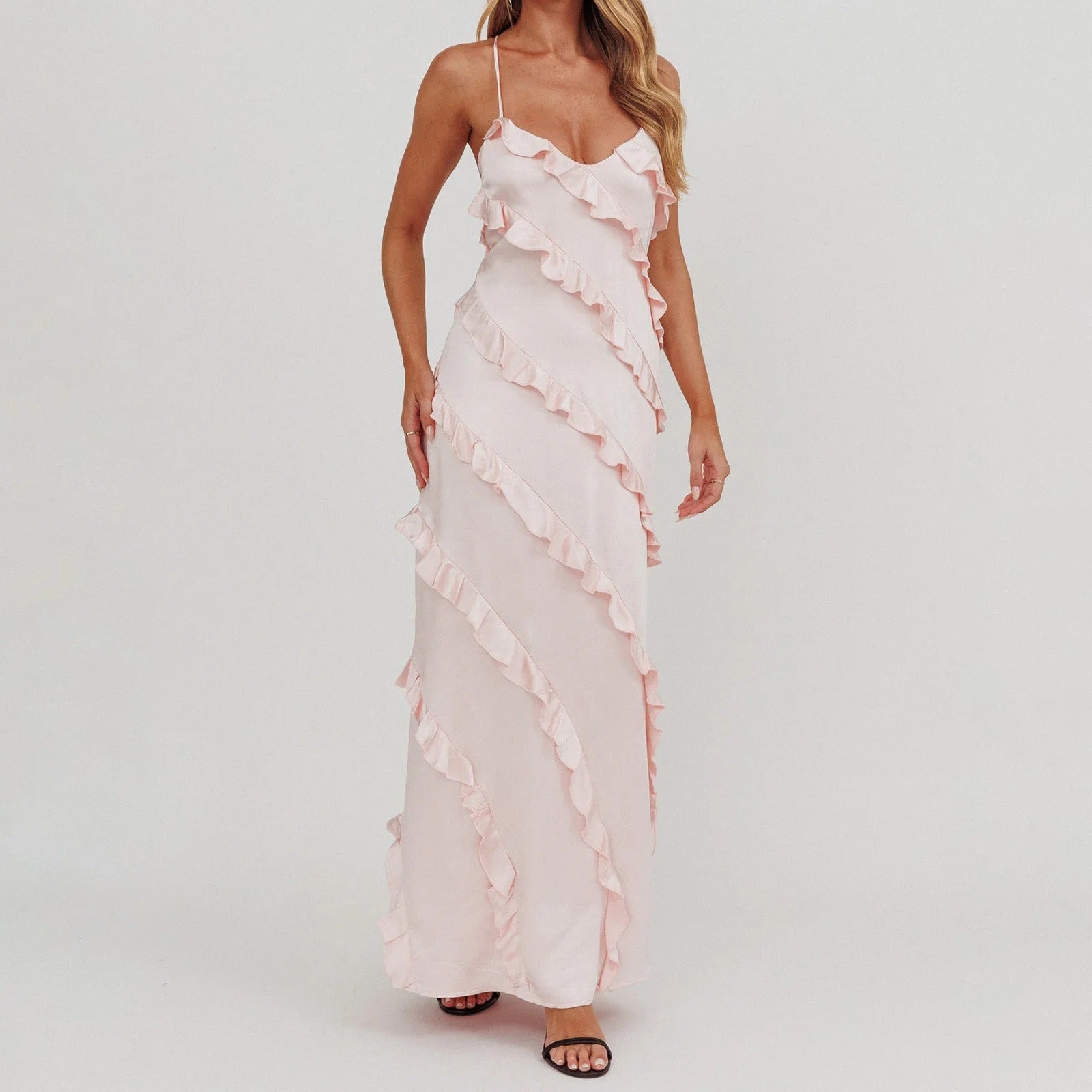 LOLA Ruffle Trim Spaghetti Strap Maxi Dress