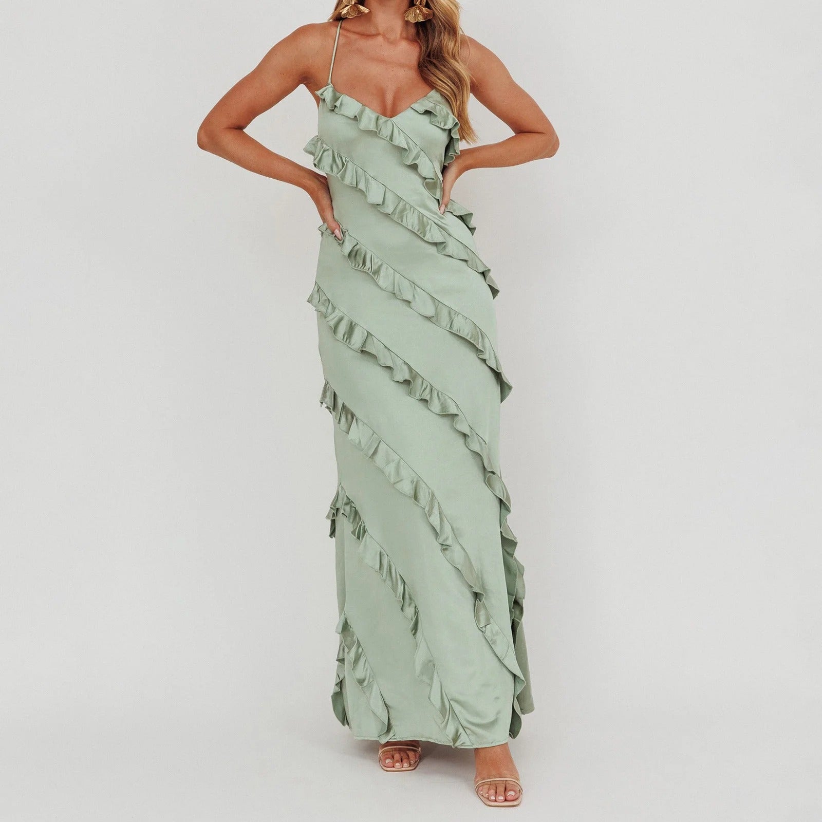 LOLA Ruffle Trim Spaghetti Strap Maxi Dress