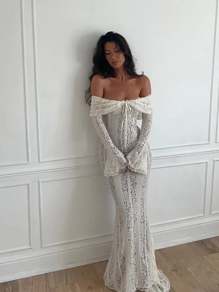 Alexia Lace Maxi Dress with Off-Shoulder Neckline & Sweeping Godet