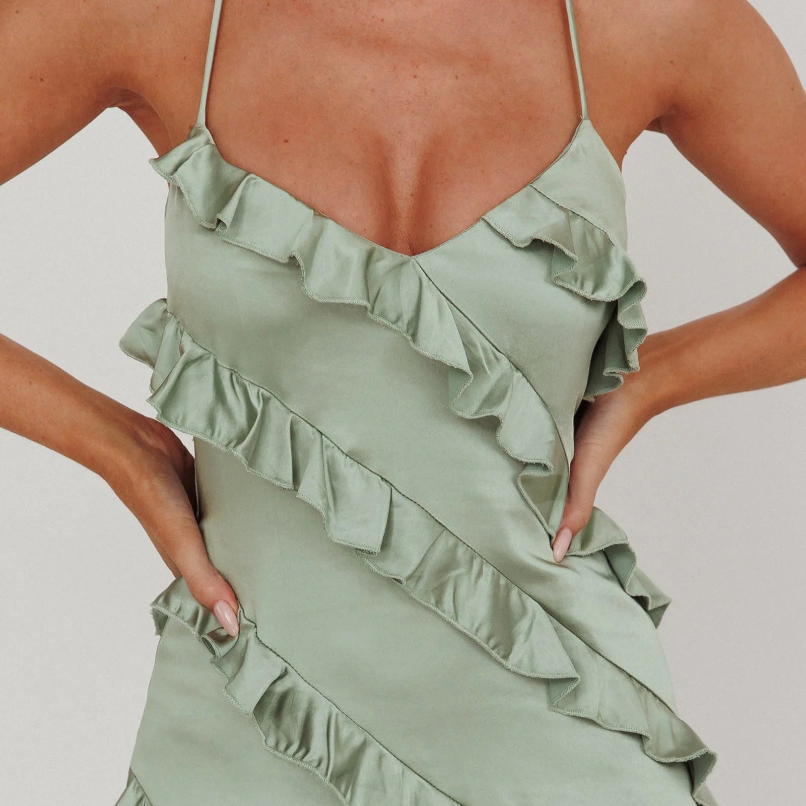 LOLA Ruffle Trim Spaghetti Strap Maxi Dress