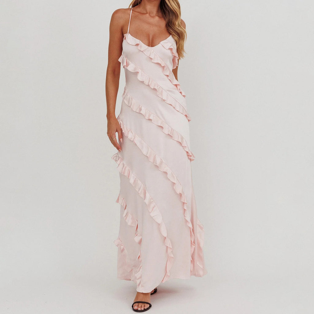LOLA Ruffle Trim Spaghetti Strap Maxi Dress