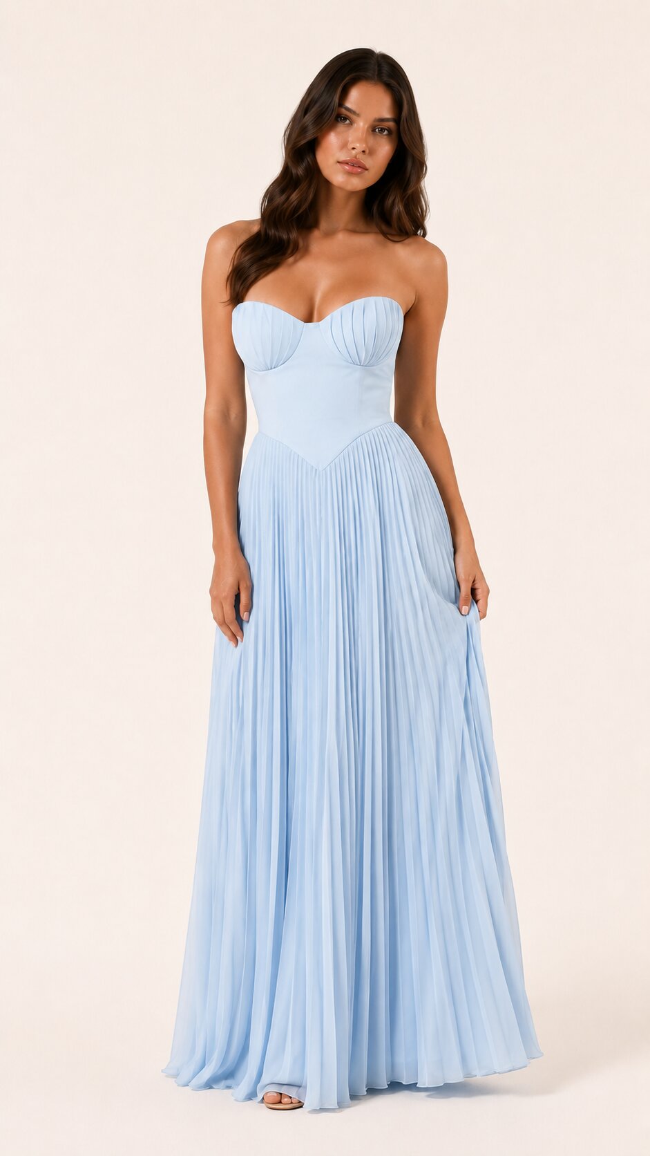 SENNA Pleated Maxi Dress with Sculptural Shell Corset Bodice