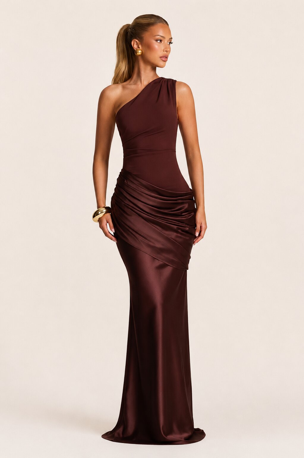 Sadona One-Shoulder Draped Satin Maxi Dress