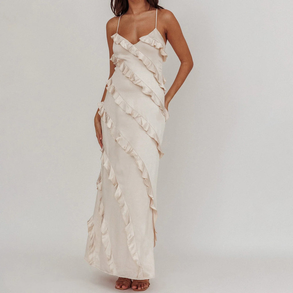 LOLA Ruffle Trim Spaghetti Strap Maxi Dress