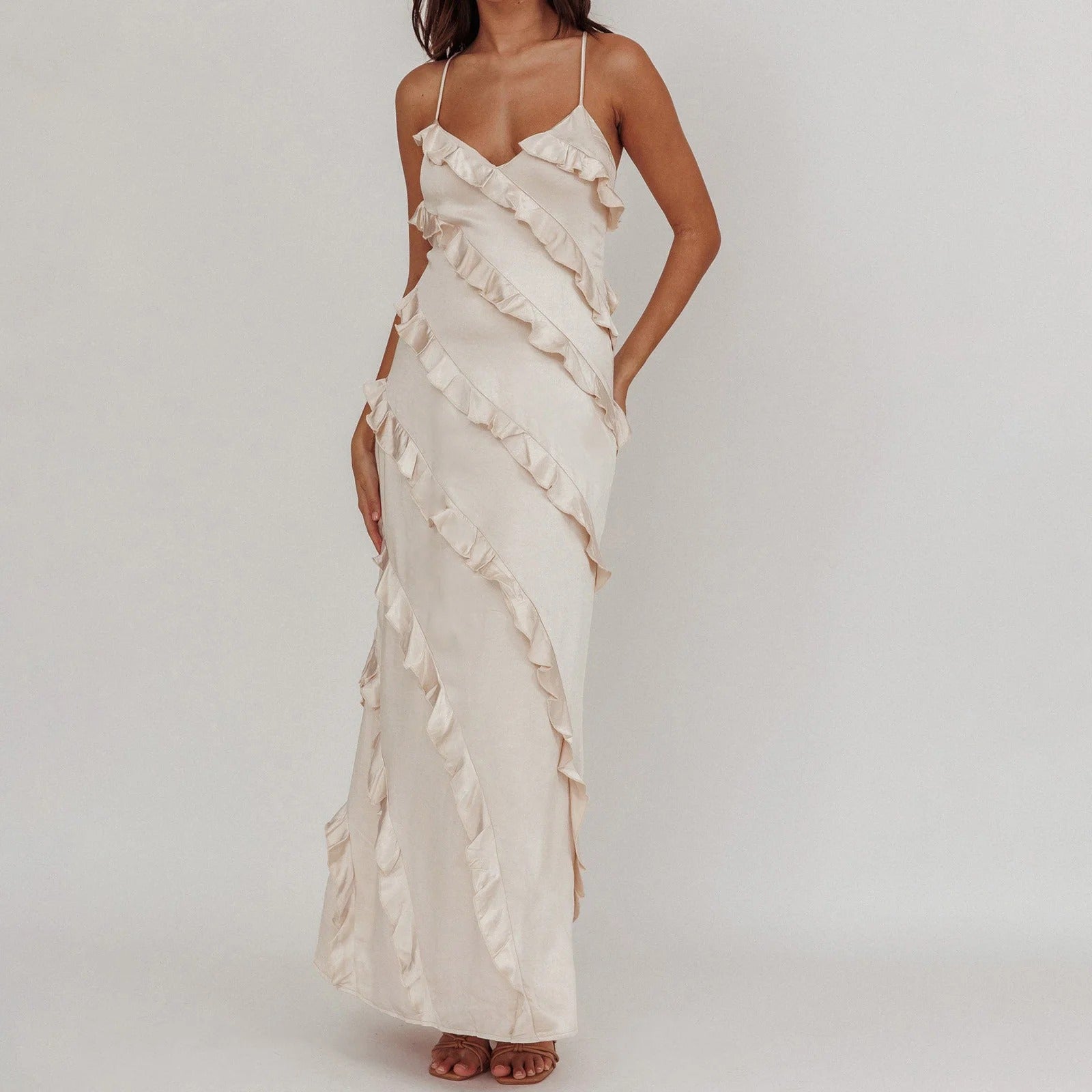 LOLA Ruffle Trim Spaghetti Strap Maxi Dress