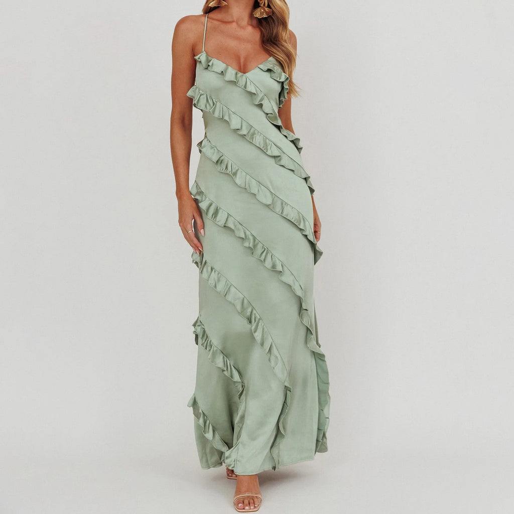 LOLA Ruffle Trim Spaghetti Strap Maxi Dress