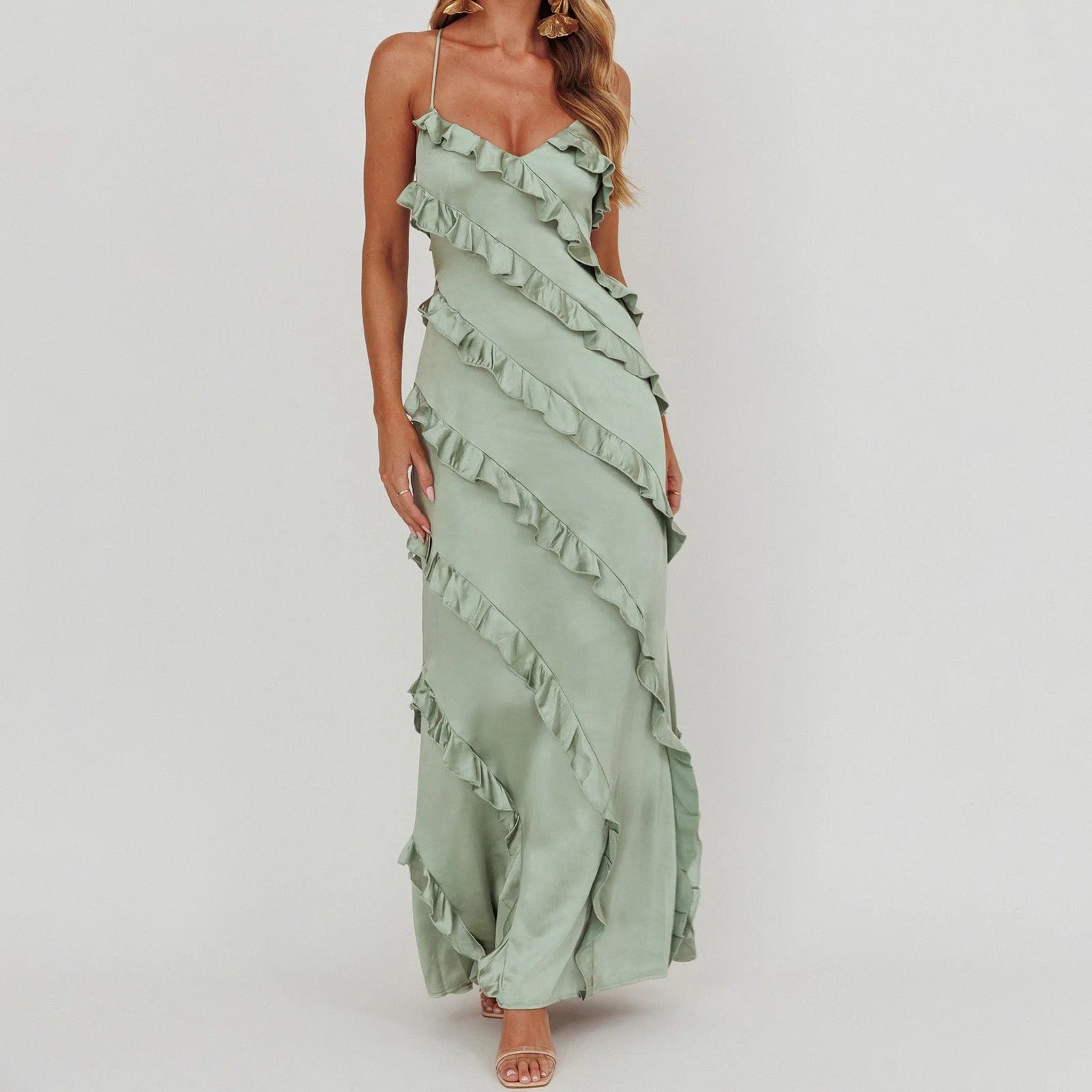 LOLA Ruffle Trim Spaghetti Strap Maxi Dress