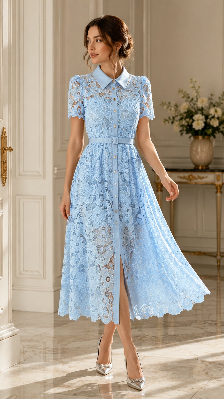 SERAPHINA Lace Fitted Midi Dress With Collar
